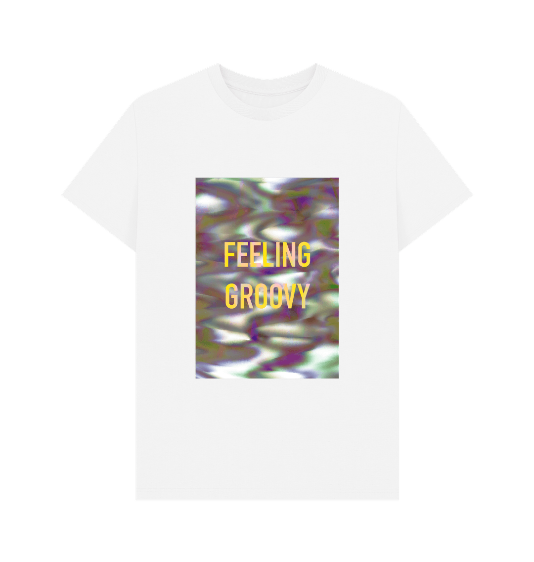 White FEELING GROOVY mens T on block graphic