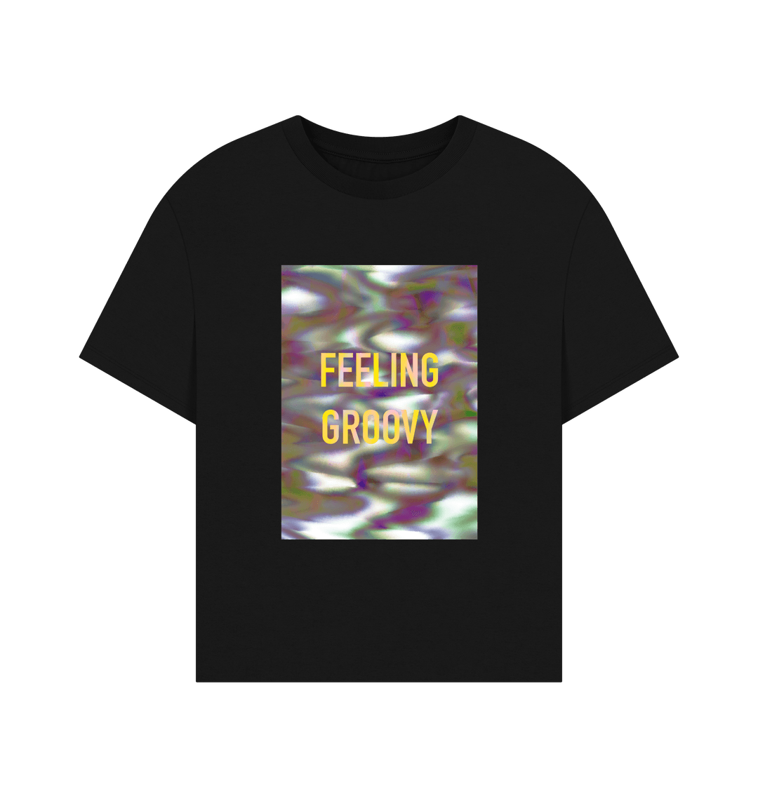 Black FEELING GROOVY women's T on block graphic