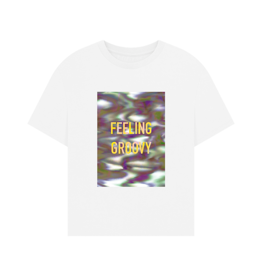 White FEELING GROOVY women's T on block graphic